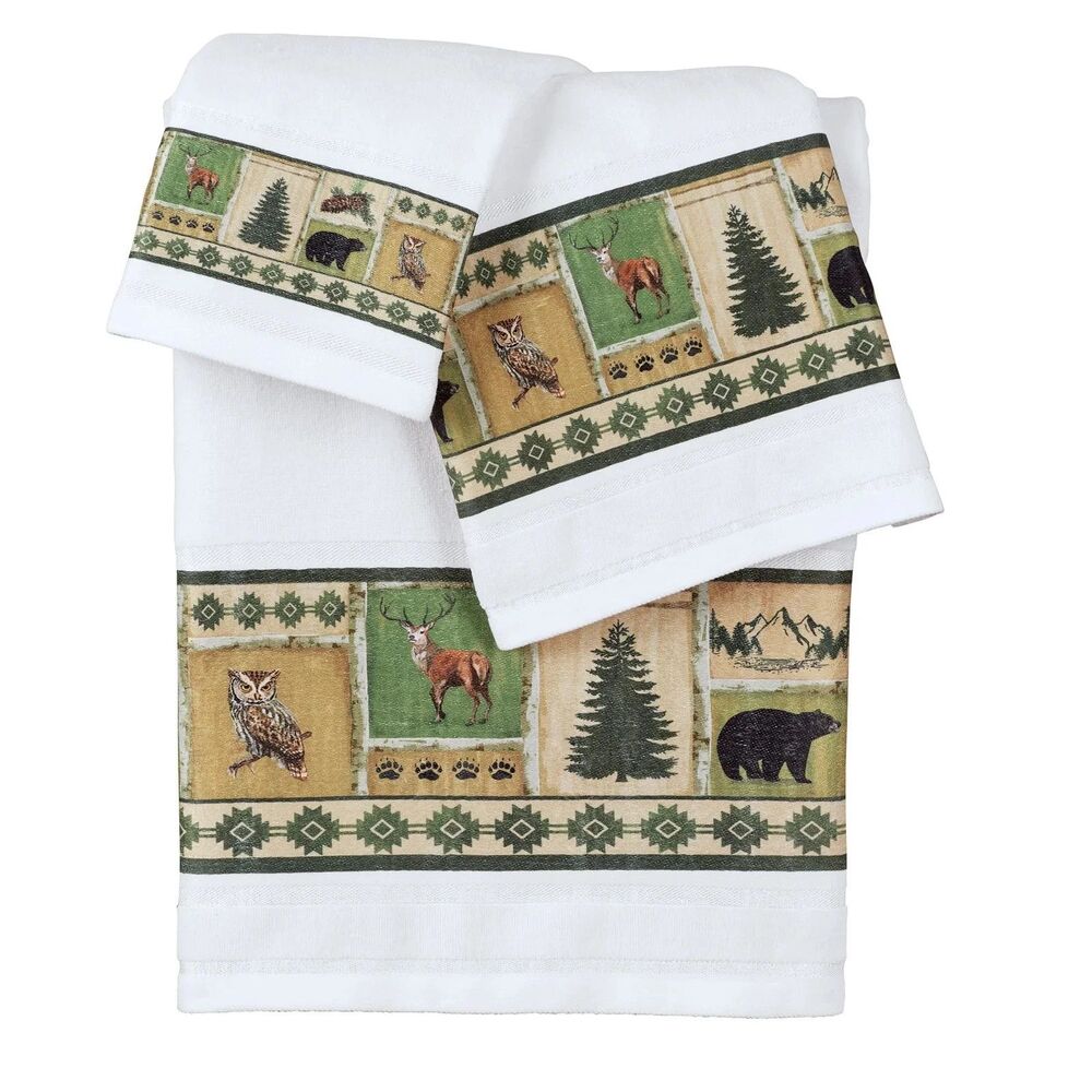 Northwoods Patchwork Aztec Border Towels 3-pc Animals Trees Elk Bath Gift NEW